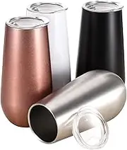 Skylety 4 Pack Stemless Double-Insulated Wine Tumbler Champagne Flutes, 6 OZ Reusable Cocktail Cups Unbreakable Champagne Toasting Glasses with Lids Rose Gold, Black, White, Silver