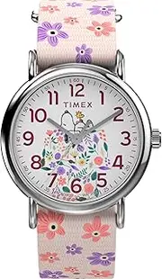 [Timex] Women's Peanuts Floral 38mm Watch - Pink Strap White Dial Silver-Tone Case