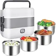 Portable Self-Cooking Electric Lunch Box, Mini Rice Cooker, 2 Layers, 4 Stainless Steel Steamer, Food Insulation Lunch Box for Home, Office, Dorm, Travel, Outdoor, Kitchen, Cooking, Raw Food, 2L/200W