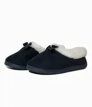 Ladies Plush Navy Blue Slip On Slippers Satin Bow and Faux Fur Lining (14005)