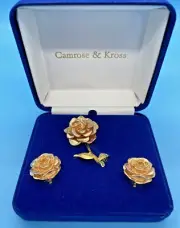 Camrose Kross Gold-Tone Roses Brooch Clip Earrings Jacqueline Kennedy MIB