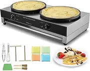 Electric Crepe Maker, 3400W Flat Plate Crepe Griddle, 16-Inch Double Head Commercial Crepe Machine with Temp Control, Nonstick Stainless Steel Pancake Making, Desktop Circular Cereals Pancake Stove