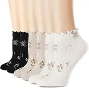 [bropapa] Women’s Ruffle Ankle Socks Vintage Patterned Short Casual Fashion Dress Sock Cute Princess Lettuce Embroidery Floral Rose Socks 6 Pack, 6pairs(black,white,khika), 5-9