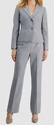 Le Suit Women's Gray Herringbone Notch Collar 2-Piece Pantsuit Size 14