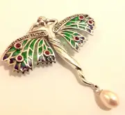 Sterling Silver Art Nouveau Plique a Jour Ruby Christmas Angel Fairy Brooch 55mm
