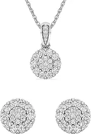 [GILDED] 1Cttw Lab White diamond Flower Post earring and Necklace Set, 1/10, Sterling Silver, Diamond