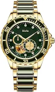 [Diella] Luxury Watches Men's Date Display Skeleton Men's Automatic Watches Waterproof Gold Stainless Steel and Black Jade Men's Bracelet Watches (Model: AD6025), Gold and dark green, Bracelet