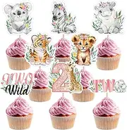 Weecent 48 Pcs Two Wild Cupcake Toppers, Two Wild Birthday Decorations Girl Jungle Animal Cake Toppers Safari Birthday Decorations 2nd Birthday Party Cake Supplies
