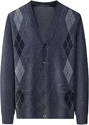 [SWJGLITTR] Men V Neck Sweater Cardigan Buttons Argyle Pattern Mens Cardigans Wool Blend Cable Knit Sweaters Jacket, A1 Gray 2, Large
