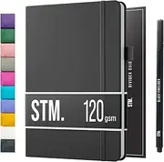 A5 Bullet Dotted Journal Notebook by STM | Thick Bleedproof 120gsm Paper, 215 Pages | Lay Flat Vegan Leather Hardcover | 2 Bookmarks, Printed Page numbers | Black Pen | 5.75 x 8.5 in | Charcoal
