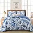 Blue Floral Leaves Bedspread Set Coverlet Queen King Size Quilted Patchwork Bed
