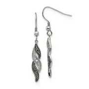 Stainless Steel Chisel Antiqued And Polished Cz Dangle Shepherd Hook Earrings