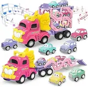 KaeKid Car Toys for 3 4 5 6 Yeard Old Girls Gifts, 7-in-1 Pink Princess Foldable Transport Carrier Trucks with Lights & Music, Pull-Back Vehicles Set for Kids Toddler Age 3+