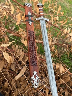 Handmade Damascus Steel Viking Sword with Leather Scabbard | Full Tang | Battle
