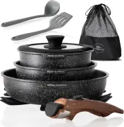 Kitchen Academy Detachable Handle Induction Cookware Sets - 10 Piece Non-Stic...