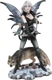 Ebros Winter Snow Fairy Goddess Artemis Hunting with Gray Wolf Statue 10" Tall