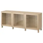 BESTÅ storage combination with doors, white stained oak effect/Sindvik/Stubbarp white stained oak eff clear glass, 180x42x74 cm