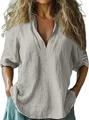 [Generic] Women Baggy Cotton Linen Tops Stylish Print Blouse for Women Plus Size Long Sleeve V Neck T Shirt Patch Pocket Tunic