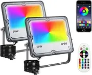 RGB LED Flood Light, 2 Pack 50W Smart RGB Color Changing Floodlight Outdoor, IP66 Waterproof Bluetooth App Control Stage Light, Dimmable RGB Lights for Party, Garden, Terrace, Christmas