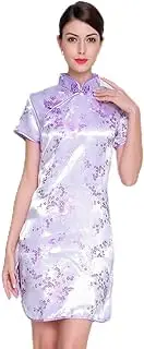 [LIALIYA] Chinese Cheongsam, Short Sleeve Shirt Blouse China for Women, Mini Evening Dress, Black and Red Cheongsam, Mandarin Collar Cheongsam,Purple,XXXL