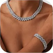 [Jacruces] Silver Cuban Link Chain Necklace and Bracelet - Iced Out Diamond Bling for Men and Women - Hip Hop Jewelry