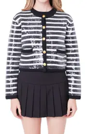 English Factory Sequin Stripe Cardigan in Black/Ivory at Nordstrom, Size Medium