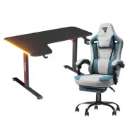 Advwin 140cm Black Gaming Desk RGB LED Light & Gaming Chair with Footrest Fabric Dark Grey