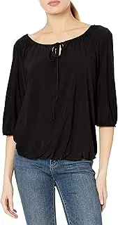 [Star Vixen] Women's 3/4 Sleeve Peasant Top with Keyhole Tie and Elastic Bottom Hem