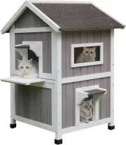 Outdoor Cat House for Feral Cats, Weatherproof outside Cat Shelter Wooden 2 Stor