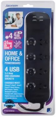 Jackson 4 Outlet 4 X USB Surge Protected Powerboard Fast Charging 3.4amp USB