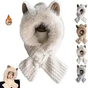 [HOBIVA] Cute Fox Ears 2-in-1 Hat and Scarf， Fox Ears Beanie Hat，Integrated Ear Protection Windproof Cap Scarf，2-in-1 Soft Plush Hooded (Cream-Coloured,OneSize)