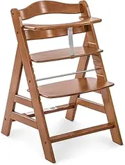hauck Alpha+, Walnut - Wooden High Chair 6 Months to Adult Sustainable FSC® Certified Beechwood Toddler Feeding and Entertainment Chair, Inclusive 5-Point Harness Bumper Bar Crotch Strap