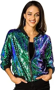 [Allegra K] Women's Christmas Costumes Sequin Sparkle Long Sleeve Zipper Bomber Jacket