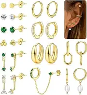 [LOYALLOOK] Trendy Small Gold Huggie Hoop Earrings for Women Dainty 14K Gold Plated Stud Huggie Earings Stacks Set for Multiple Piercing Hypoallergenic Surgical Steel Pearl Stud Hoop Earrings