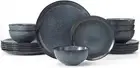 Moonlight Plates and Bowls Sets, 18 Pieces Stoneware Dinnerware Sets with Linen