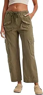 [GREAIDEA] Cargo Pants for Women Low Rise Drawstring Waist 7 Pockets Hiking Work Wide Leg Pants with Zipper Button Closure