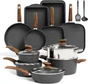 Induction Cookware Set 17 Piece Non-stick Cooking Pan Set Black Granite Pots an