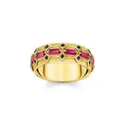 THOMAS SABO Wide Gold Plated Ring in Crocodile Design with Red Stones