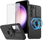 [Asuwish] Phone Case for Samsung Galaxy S23 Plus S23+ 5G with Slide Camera Cover Tempered Glass Screen Protector Stand Ring Holder Rugged Slim Cell S23plus 23S + S 23 23+ SM-S916U 6.6 inch Women Black