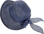 [DEARMAMY] Large Straw Beach Hat Sun Hat Bowknot Decor for Women Casual Summer Sun Protection Cap Blue