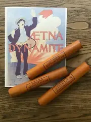 set of 3 Aetna inert dynamite sticks with poster for mining history display