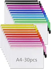 Janisfirst Mesh Zipper Pouch Document Bag, Plastic Zip File Folders, Letter Size Waterproof Document Pouch for Office Supplies, Arts & Crafts Organizing Storage (10 Colors 30 Pack)