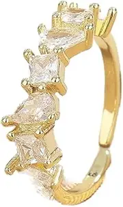 [LIOYSIUT] 14K Gold Plated Adjustable Opening Cubic Zirconia Rhinestone Statement Ring for Women Girls Ring Simulated Diamond Topaz Gemstone Adjustable Square Ring Costume Jewelry Gift