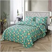 3 Pieces Floral Quilt Sets Queen Size Green Floral Pattern Quilt Sets Soft Bedspread Queen Bedding Set for All-Season 90x98 with 2 Pillow Shams 20x28