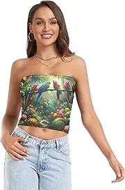 [RPLIFE] Tropical Flowers Parrots Women's Tube Top Sheer Tube Tops, Strapless Top Women, Summer Clothes (S)