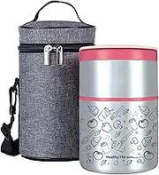 Lille Home Vacuum Insulated Stackable Stainless Steel Thermal Lunch/Snack box, 2-Tier Bento/Food Container with Lunch bag, Smart Diet, Weight Control, 32 Ounces (Pink)