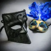 Venetian Buata BLUE Feather Halloween Masquerade Ball Couple's Eyes Party Mask