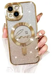 Compatible with Case,Compatible with MagSafe Love Heart Plating iPhone 13 Gold