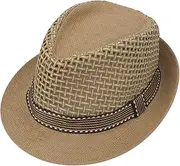 [Beisto] Summer Straw Fedora Hats for Men Trilby Beach Sun Hat Short Brim Wool Felt Panama Cap