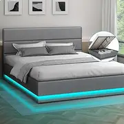ALFORDSON Gas Lift Storage Bed Frame Base with Headboard & LED Light Bertold Series, Mattress Topper Platform Foundation with Linen Fabric Upholstery, 320kg Capacity, Double, Grey Colour